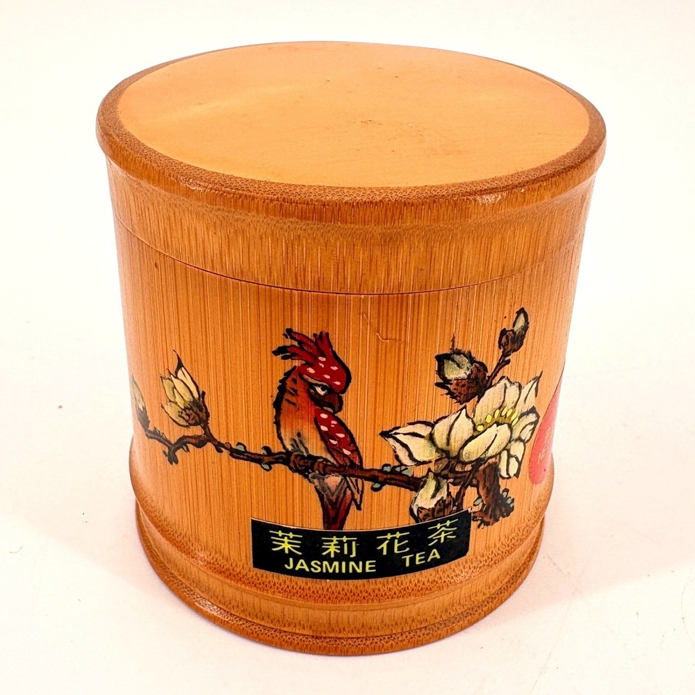 Vtg Chinese Bamboo Hand-Painted Jasmine Tea Caddy Canister Bird & Blossom‎ Decor